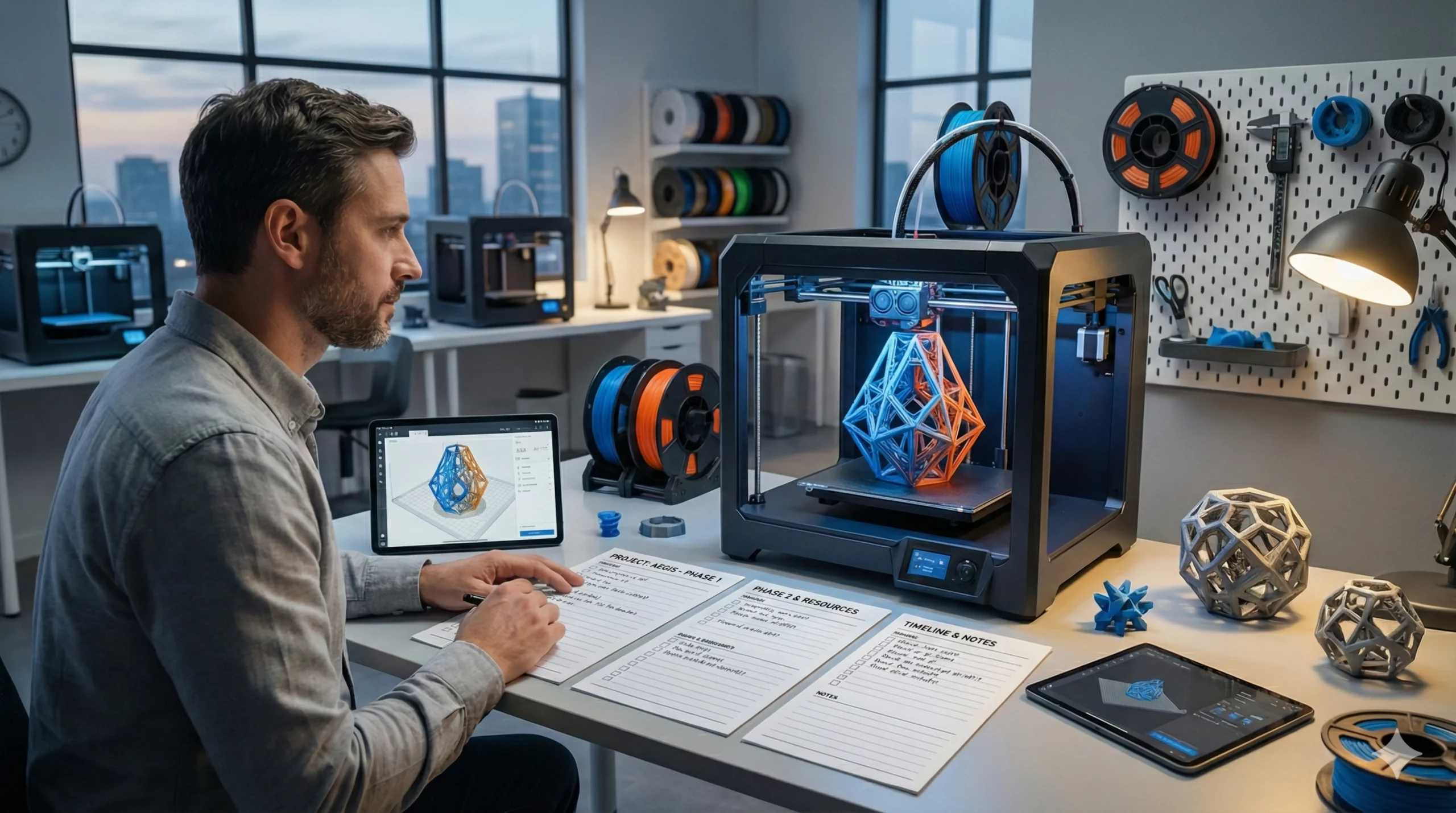 A man in a workshop monitors a 3D printer as it creates a complex, blue and orange geometric structure. His desk is organized with tablets displaying 3D models, project planning sheets, and various spools of filament.