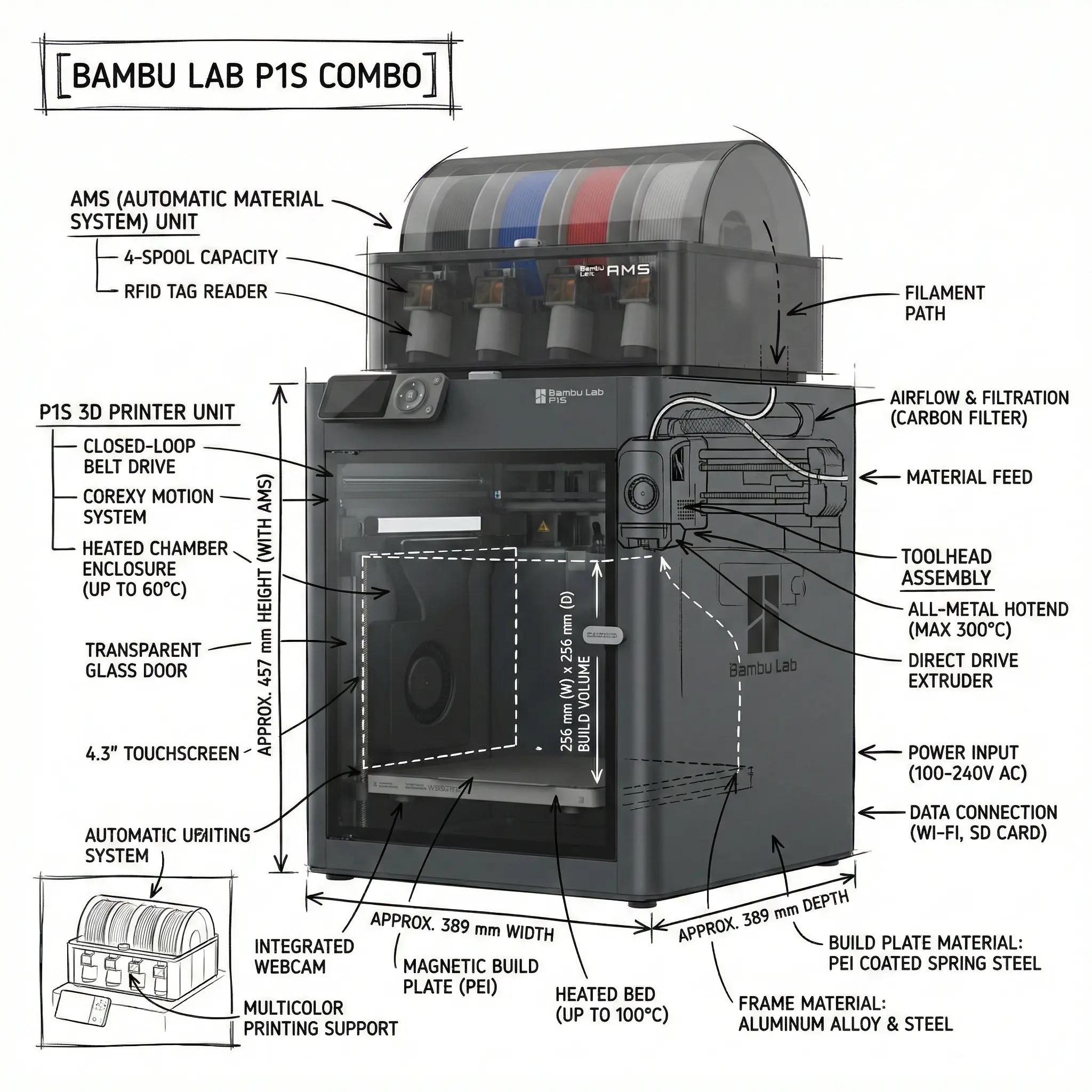 A detailed technical infographic of the Bambu Lab P1S Combo 3D printer. The image features a dark gray enclosed printer with a transparent glass door and an Automatic Material System (AMS) unit sitting on top holding four spools of filament. Hand-drawn style labels and arrows point to various components, including the CoreXY motion system, heated chamber, and build volume dimensions.