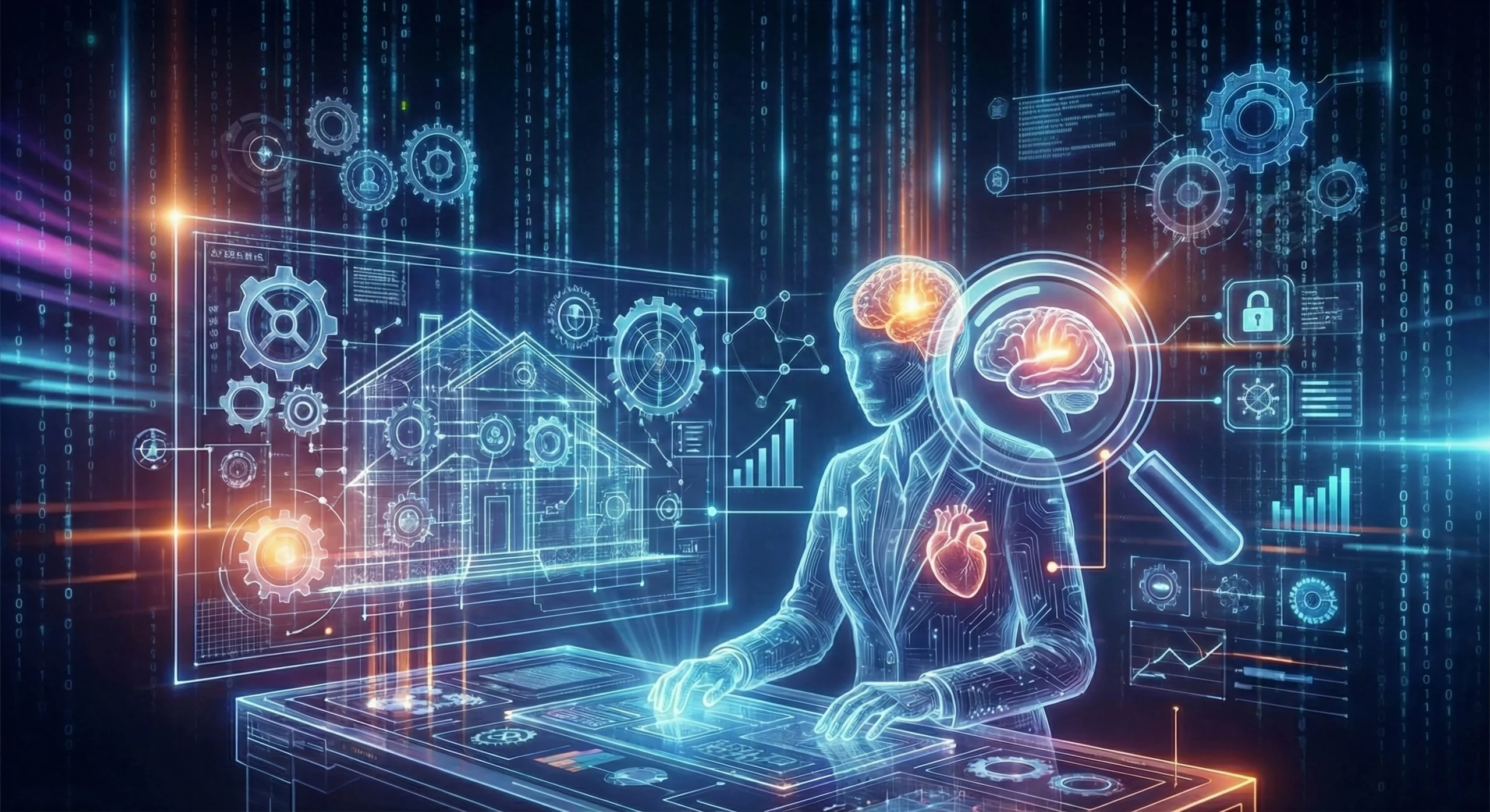 A futuristic digital interface showing a professional "Career Engineering" a life path, featuring glowing blueprints of a house, gears, and a human silhouette with an illuminated brain and heart.
