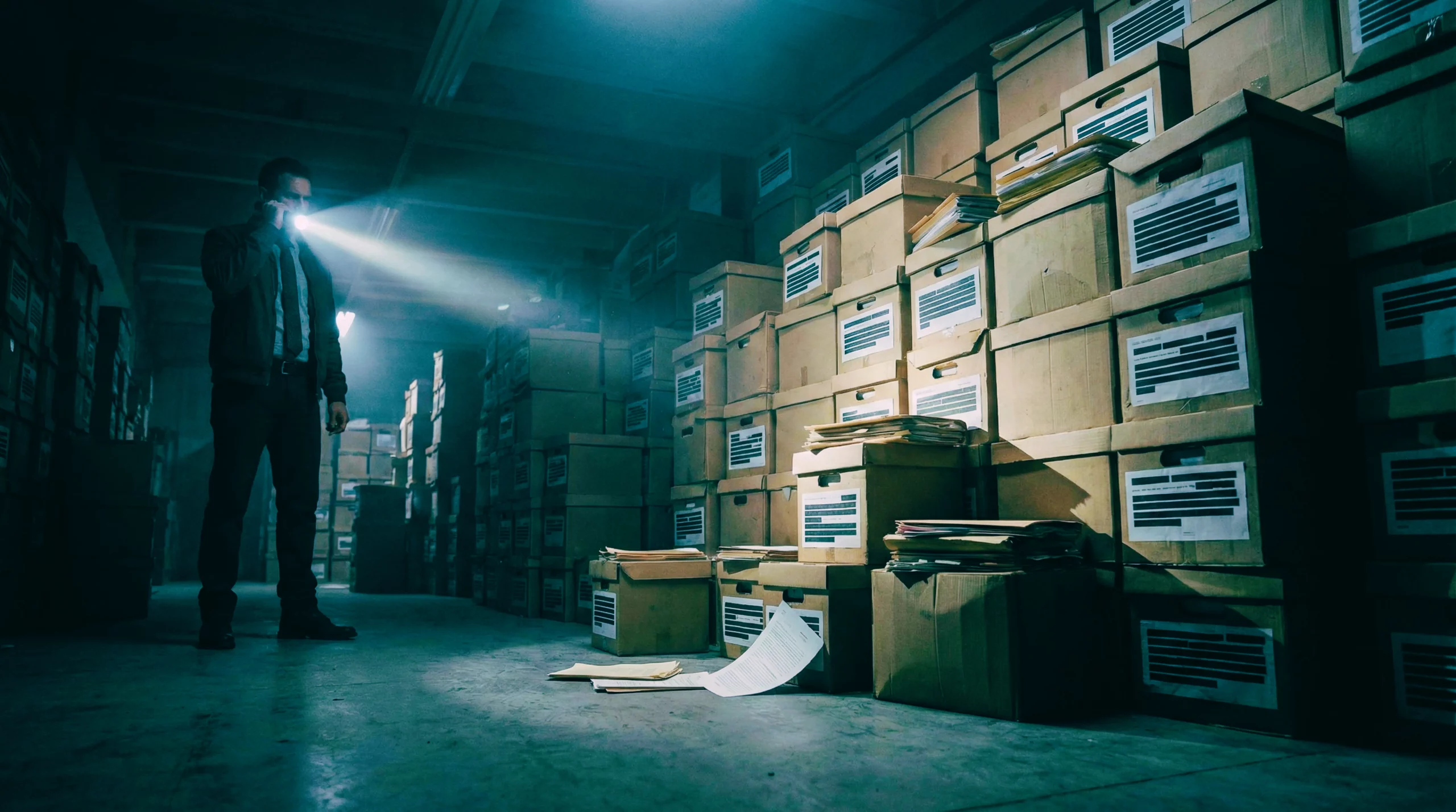 A man with a flashlight explores a dark, expansive warehouse filled with stacks of cardboard file boxes, symbolizing the search through the unsealed Epstein documents.