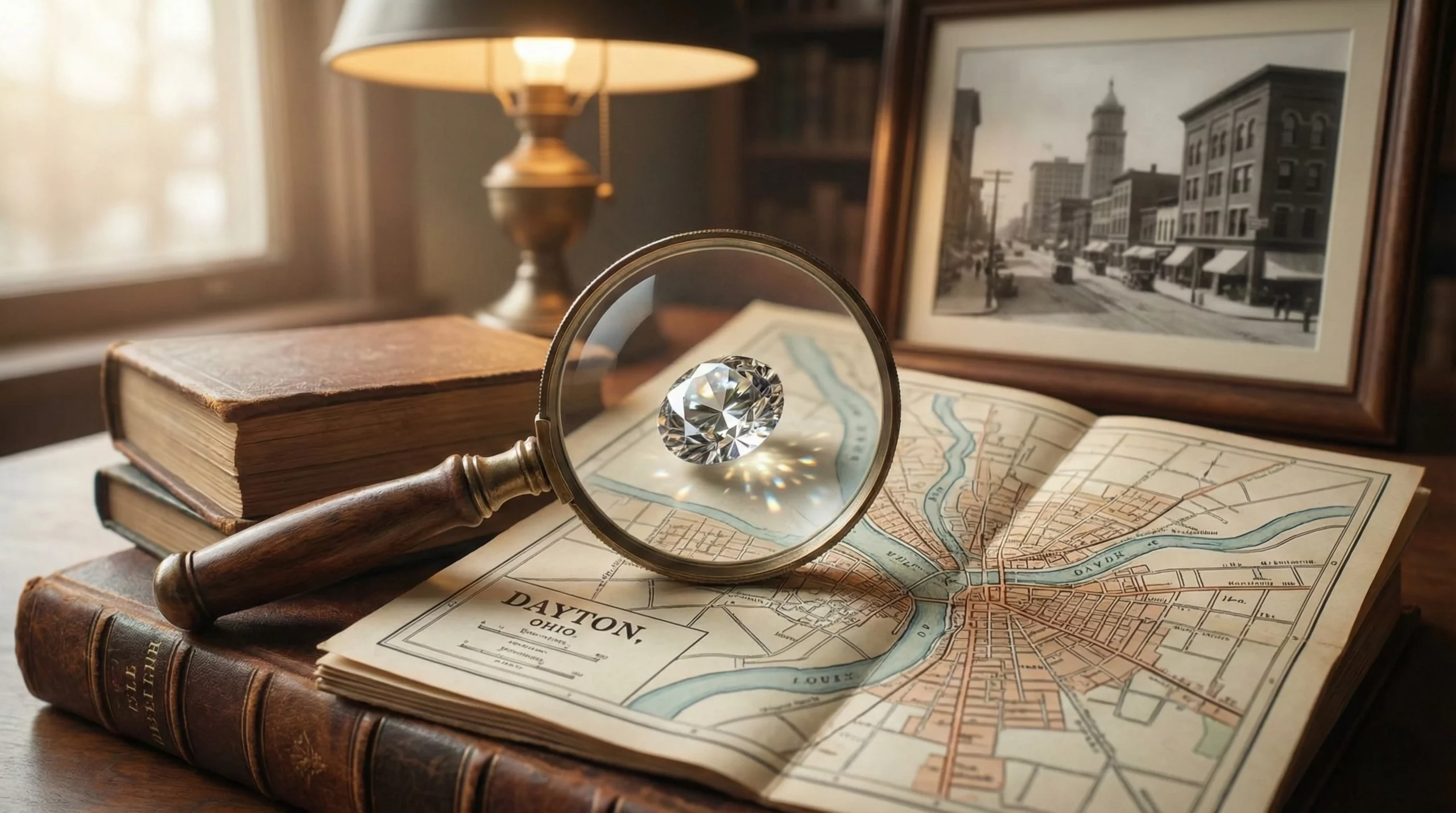 A magnifying glass is positioned over a large, faceted diamond that rests on an antique map of Dayton, Ohio. The map is spread across a stack of old, leather-bound books on a desk, accompanied by a vintage lamp and a framed historical photograph of a city street in the background.