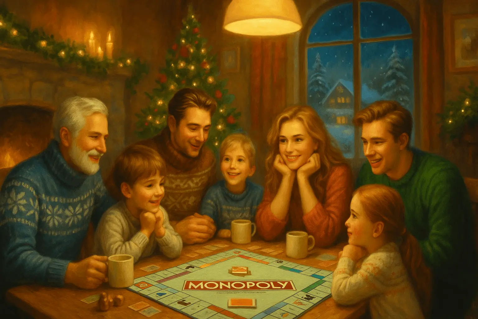 A multi-generational family of six—including a grandfather, parents, and children—smiles while gathered around a wooden table playing Monopoly. The setting is a cozy, festive living room with a lit Christmas tree, a warm fireplace, and a view of a snowy night through the window.