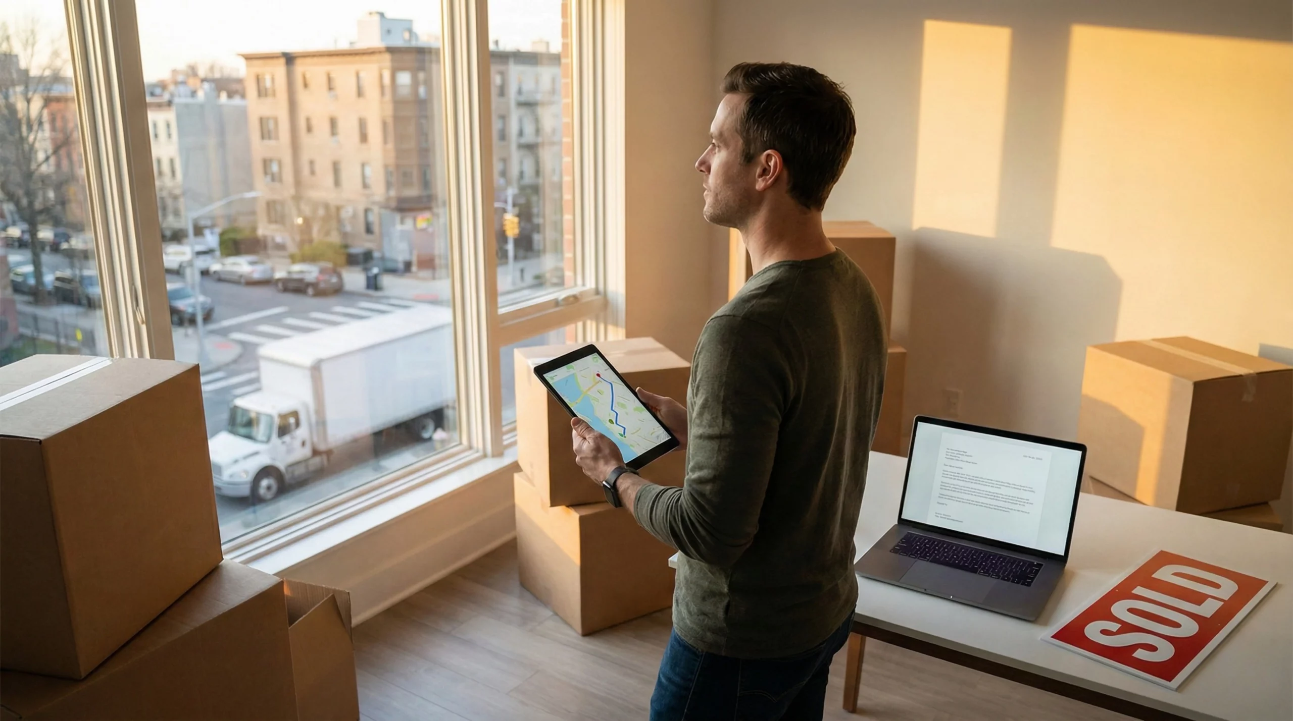 A man in a green long-sleeved shirt stands in a sunlit room filled with cardboard moving boxes, looking out a large window at a white moving truck parked on a residential street. He is holding a tablet that displays a GPS navigation map with a blue route highlighted. A bright red and white "SOLD" sign and a laptop sit on a desk in the foreground.